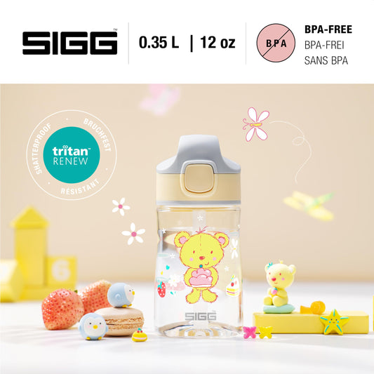 SIGG - Tritan Kids Water Bottle - Miracle Furry - With Straw - Leak-proof - Dishwasher safe - Microwave safe - Scratch-resistant - BPA-free - School & Sports - Yellow with Teddy Bear - 0.35L