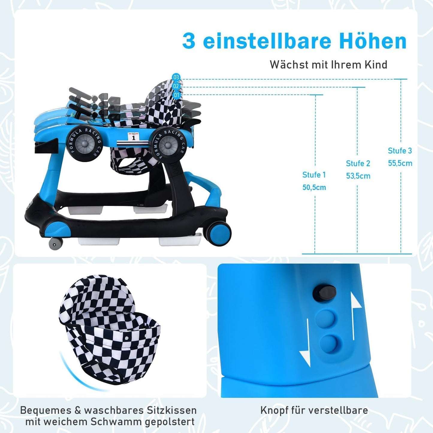 COSTWAY 4 in 1 walking aid, foldable walking cart with adjustable height & speed, car-shaped baby walker with music box, light & wheels, walker for babies from 6 months, load capacity 12kg (blue)