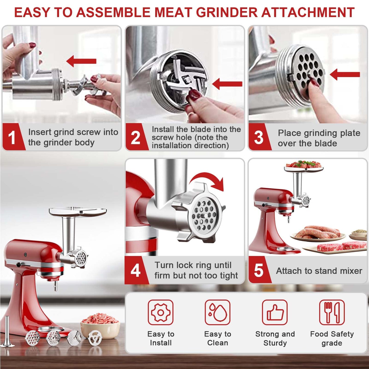 COFUN Vegetable Cutter & Meat Grinder for Kitchenaid Attachment Set, Includes Meat Grinder with 4 Grinding Plates, 3 Sausage Stuffing Tubes, and 3 Pcs Stainless Steel Shredder for Kitchenaid Attachment.