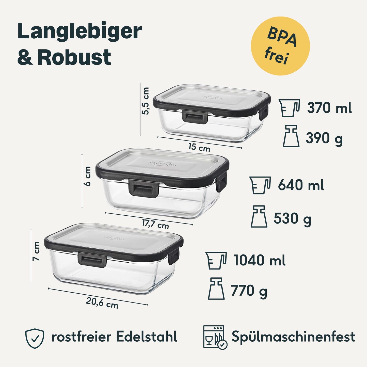 SILBERTHAL glass storage containers with stainless steel lids - airtight - set of 3 - sizes: 1L, 600ml, and 400ml.