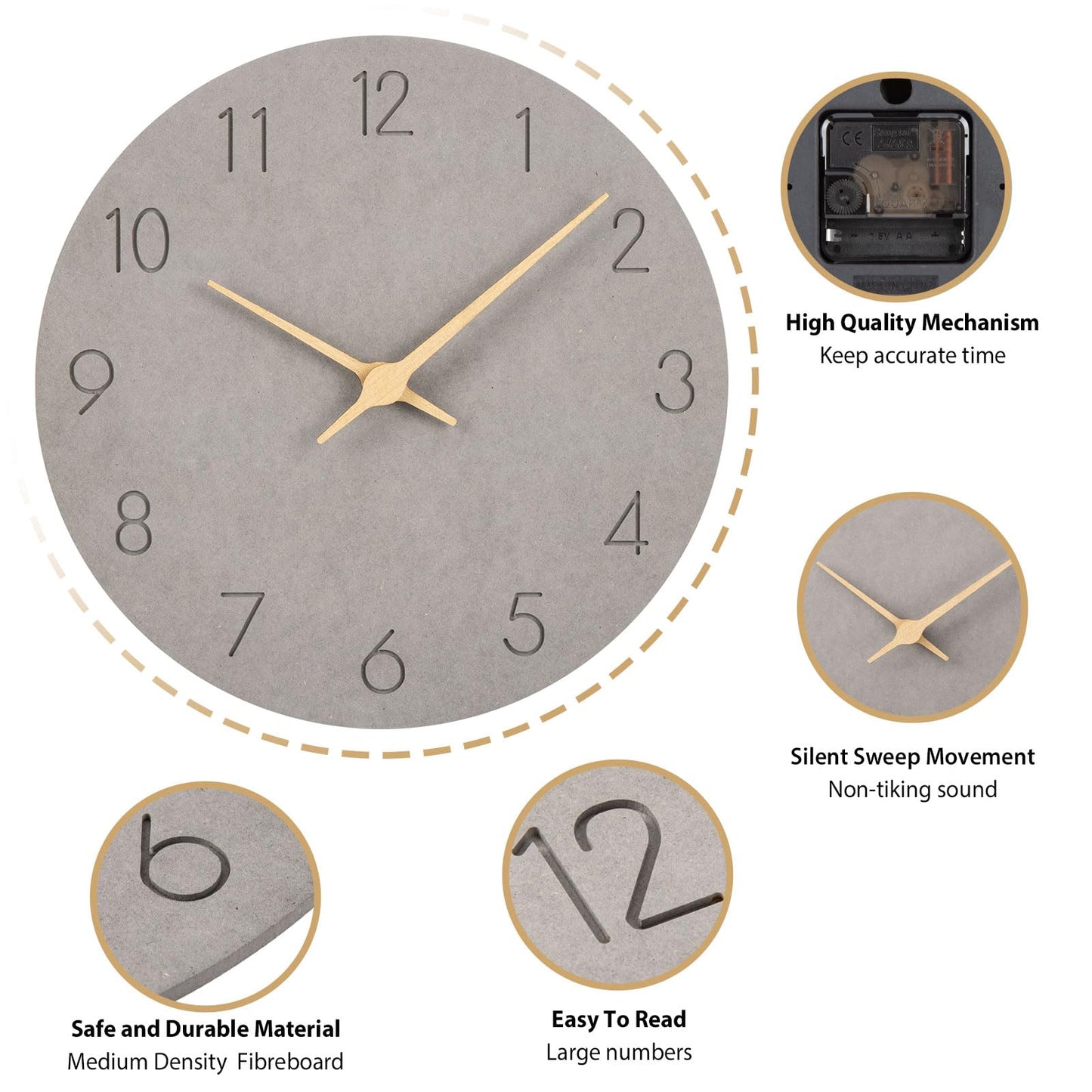 Warminn MDF Wood Wall Clock Silent Modern 30cm Quartz Large Battery Operated Clock Easy to Read for Room Home Kitchen Bedroom Office School (Gray)