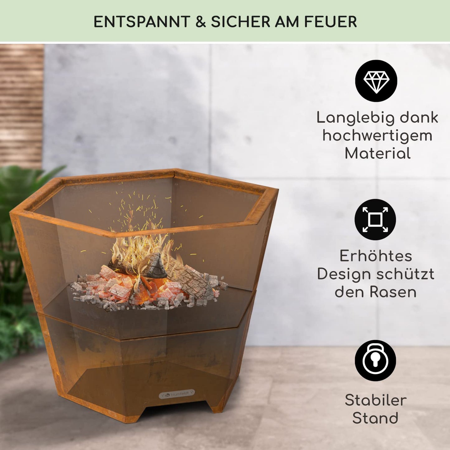 Blumfeldt fire bowl with grill grate, outdoor steel fire bowl large for balcony & camping, portable fire bowl 60 cm, fire bowl with stand, weatherproof fire bowl, hexagonal fire pit