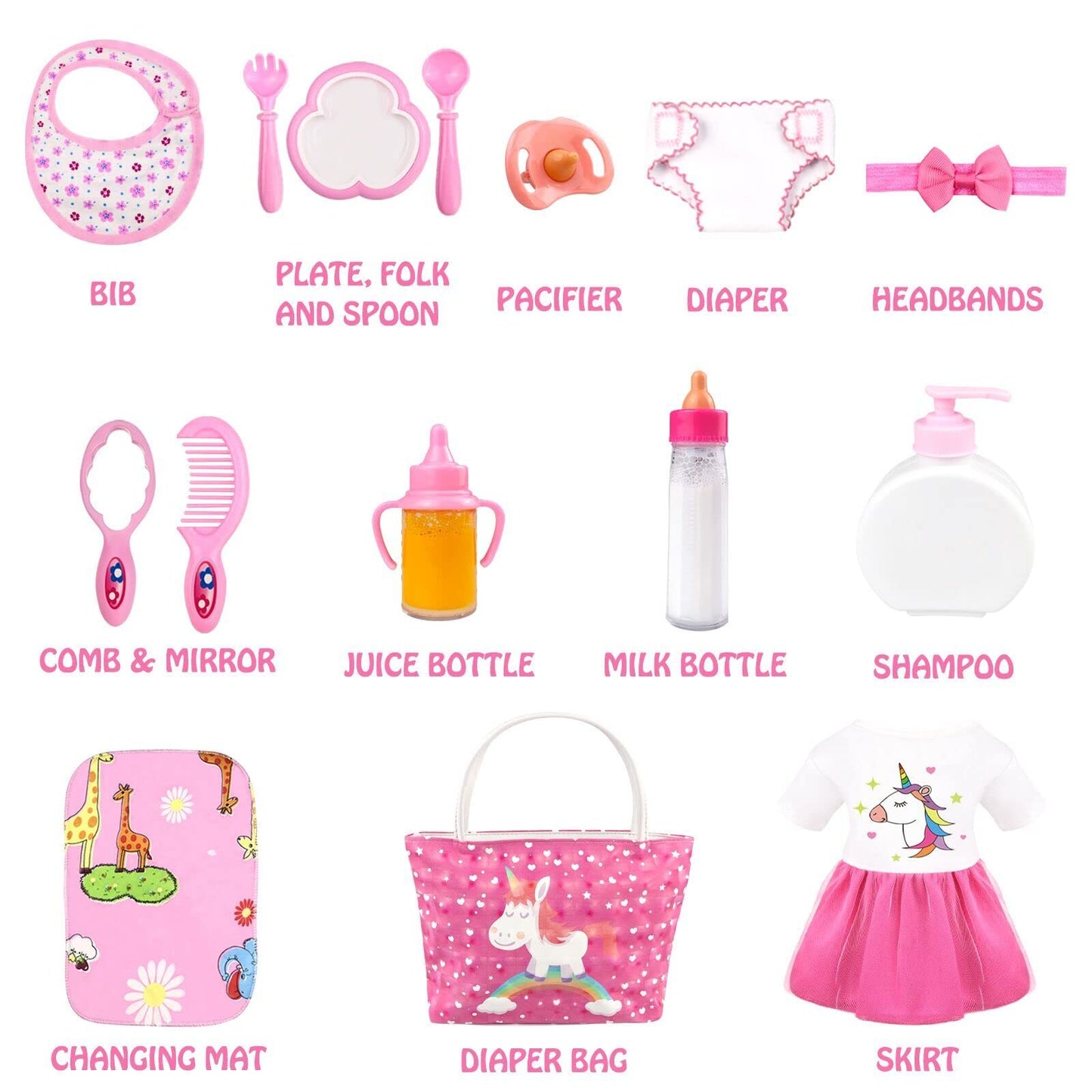 Baby doll accessories - Baby doll feeding and care set with diaper, doll changing bag, and bottles for girls' toy gift. Doll accessories include clothes for 14-16 inch, 18 inch, and 43 cm dolls.