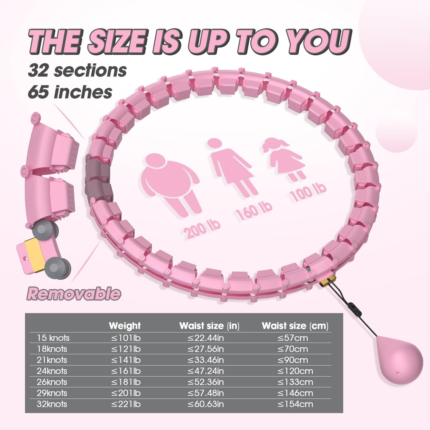 Smart hoop for adults with weighted ball, ultra quiet hula hoop for weight loss with 32 detachable segments, hula hoop for weight loss max waist circumference 165cm (pink)