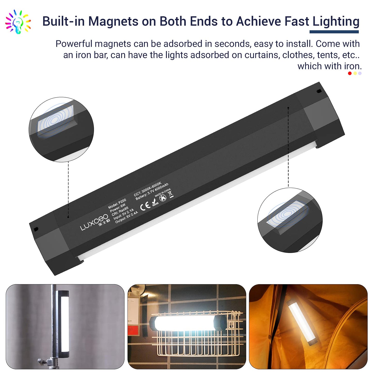 LUXCEO P200 LED video light stick, handheld photography light waterproof, 4000mAh built-in battery, magnet with APP remote control 3000K-6000K, short portable mini LED lamp
