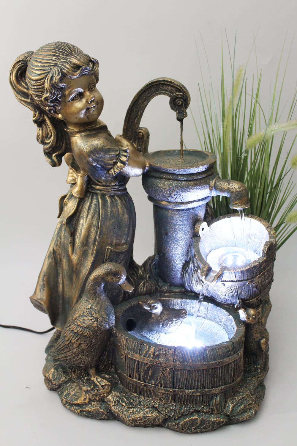 Garden fountain Heidi with geese, spring fountain, water feature with lighting, patio fountain, garden decoration.