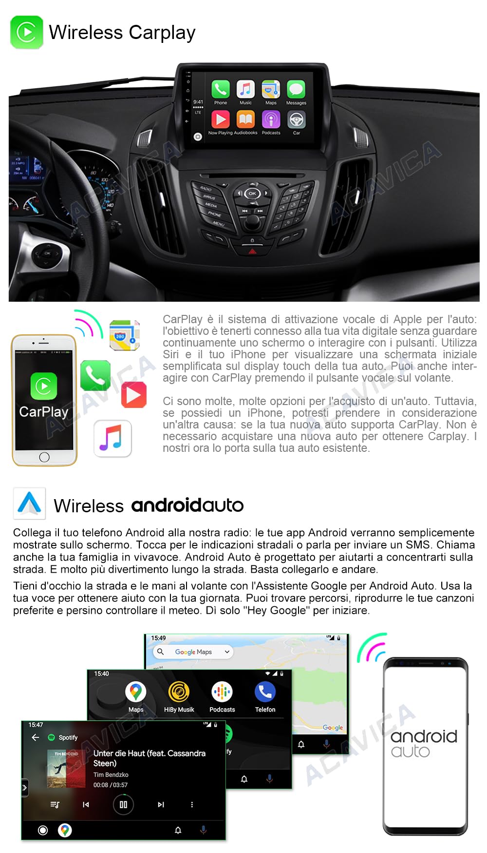 ACAVICA Android 9 inch car radio with GPS navigation for Ford Escape 2013-2019 Kuga 2012-2018 Bluetooth Sat NAV Wireless Carplay Radio Multimedia Player WiFi USB 2+32 GB (A 2+32GB Quad Core)