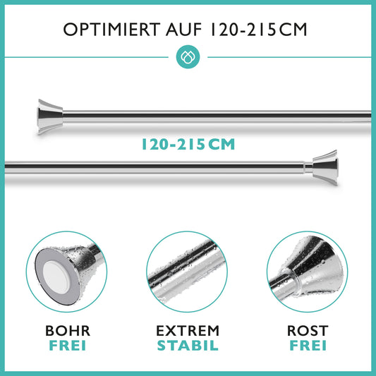 Shower curtain rod without drilling incl. 12 rings - Stable 120-215cm telescopic shower rod without drilling made of stainless steel rustproof - Shower curtain rod set - Telescopic rod shower & bathtub