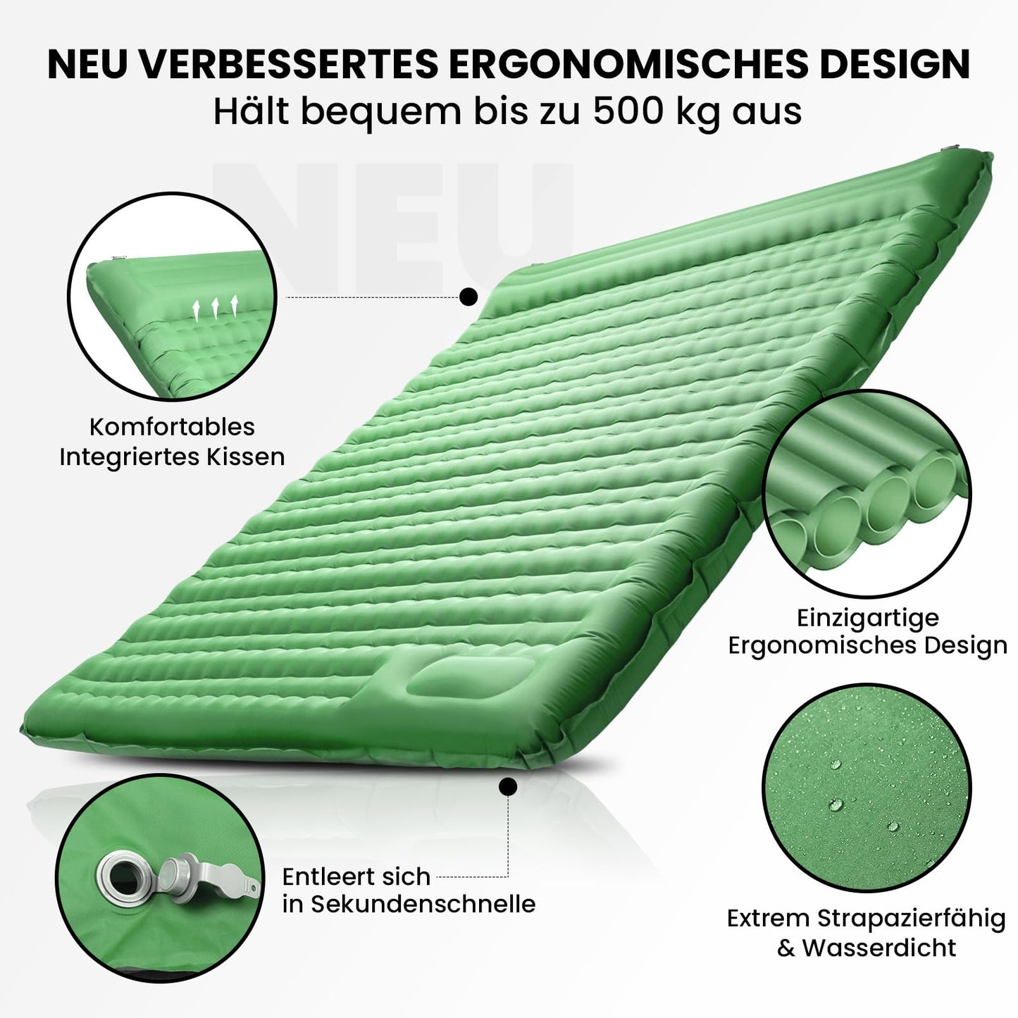 HIKENTURE Self-Inflating Sleeping Pad, 12CM Double Sleeping Mat Ultralight, Camping Mat for 2 People Inflatable, Sleeping Pad Air Mattress with Foot Pump for Tent, Hiking - Dark Green A3