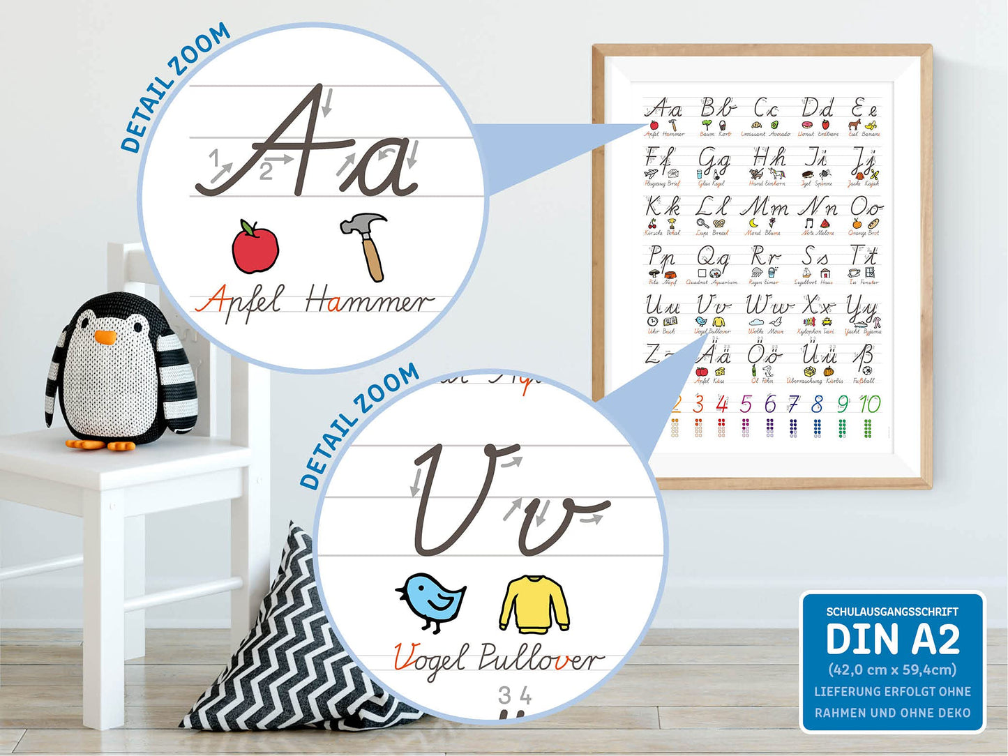 kizibi® XL School Cursive Poster for Kids (SAS), Cursive Writing Learning A2 with Practice Sheet, Writing Learning | popular in Kindergarten, Preschool, Elementary School | includes Practice Sheet