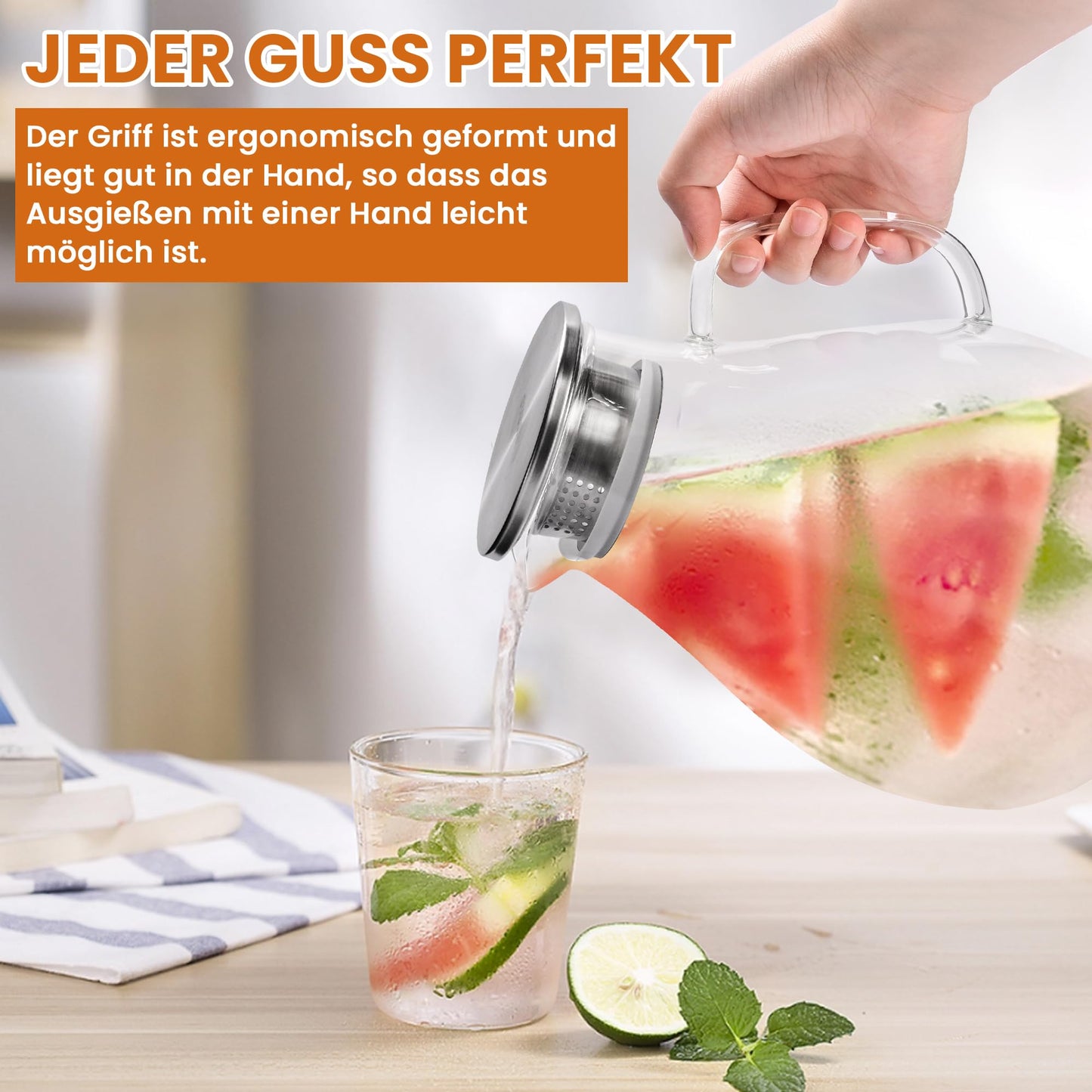 SUSTEAS 3.0 Liter 101 Ounce Water Carafe, Glass Carafe with Lid and Wide Handle, Easy to Clean Glass Pitcher for Fridge, Water Jug for Iced Tea/Milk/Coffee/Wine, Carafes with Brush