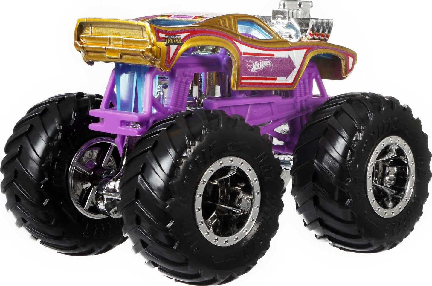 Hot Wheels GBP23 - Monster Trucks 1:64 Die Cast Assortment with huge wheels, gift for kids aged 3-6, includes 4 toy cars, Black, 4-pack
