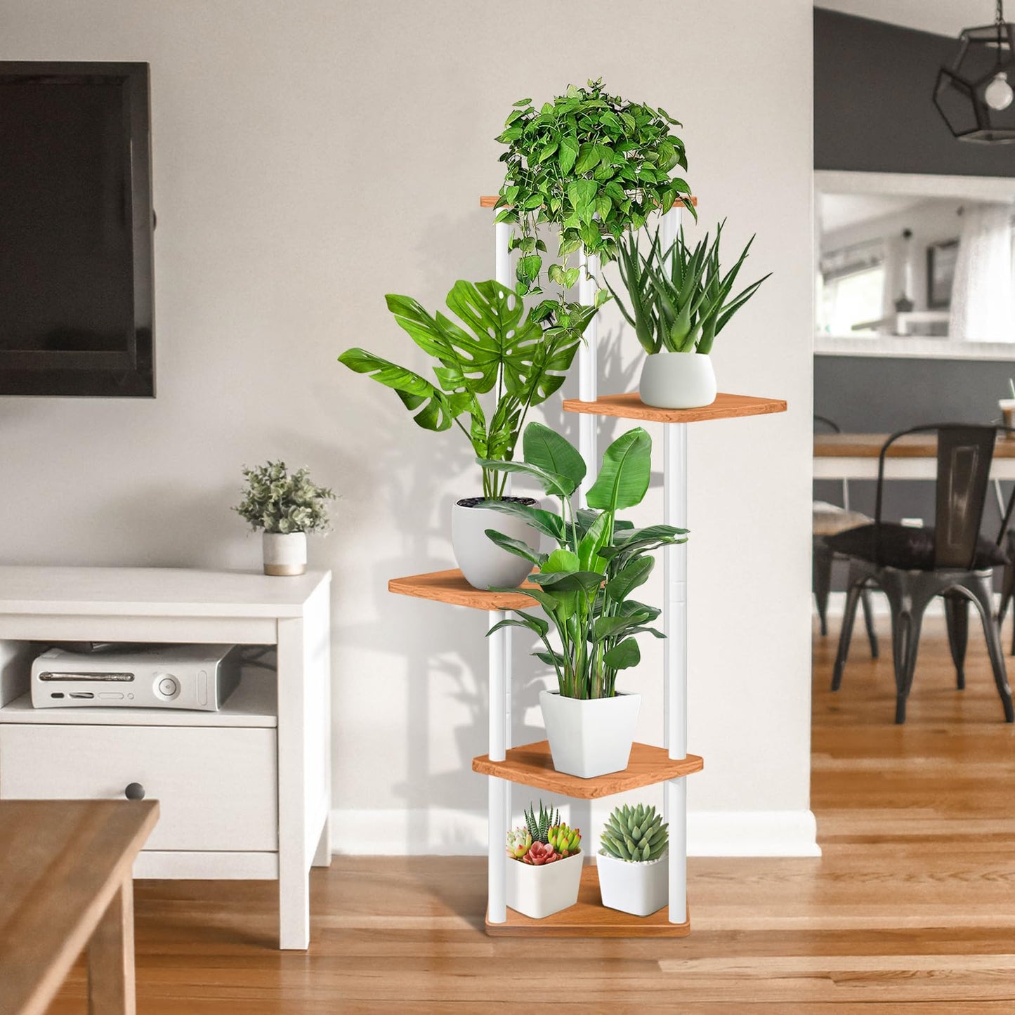 VASZOLA 5-Tier Wooden Flower Rack Plant Stand, Multi-layer Flower Display Stand Plant Shelf Flower Bench Flower Stairs Plant Stairs Shelf for Indoor Garden Balcony Decor (White)