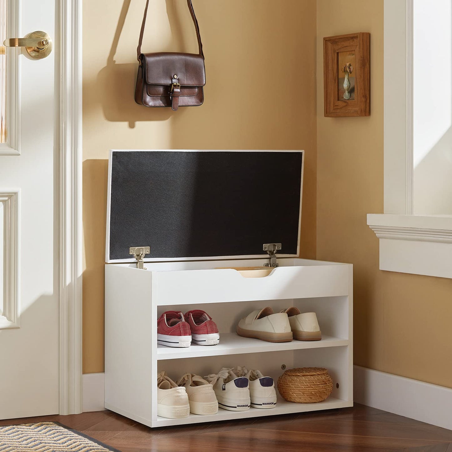 SoBuy Shoe Bench Shoe Rack with Seat and Storage Space, sturdy shoe box for hallway living room, space-saving, up to 120 kg load capacity, white 60x30x44 cm FSR25-W