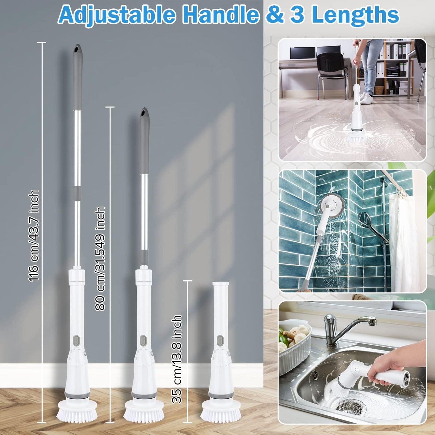 Electric cleaning brush, Electric Spin Scrubber Cordless with 6 interchangeable drill brush heads and adjustable handle, shower cleaning brush tub floor tile mop set for bathroom tile floor car.