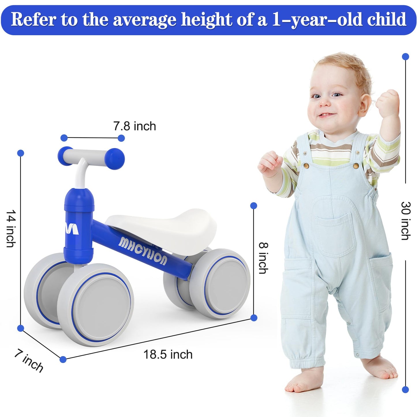 MHCYLION Kids Balance Bike from 1 year old with 4 wheels for 10-24 months baby, First Ride-On Bike for Boys Girls as gifts- Dark Blue