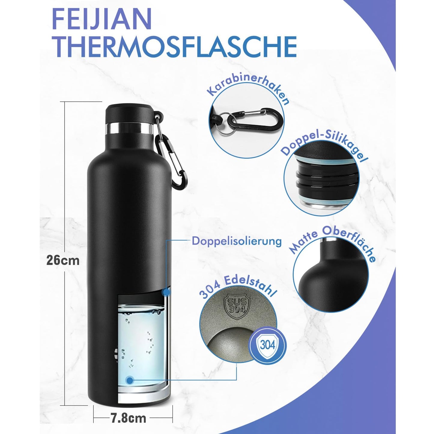 FEIJIAN Stainless Steel Water Bottle 750ml with Carabiner - Leakproof Thermos Flask for Carbonated Coffee Tea, BPA-Free Sports Outdoor Water Bottle for Sparkling Water/University/School/Camping/Biking
