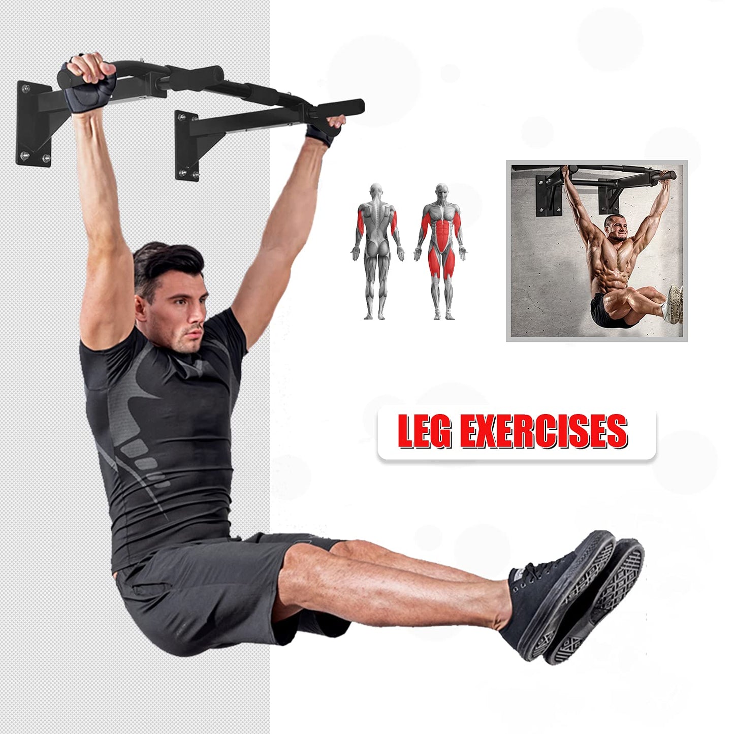 ISE Multifunction Fitness Pull-Up Bar for wall mounting, pull-up bar up to 200kg with non-slip grips, numerous pull-up exercises, wall bracket & 8 heavy-duty plugs for installation SY-165