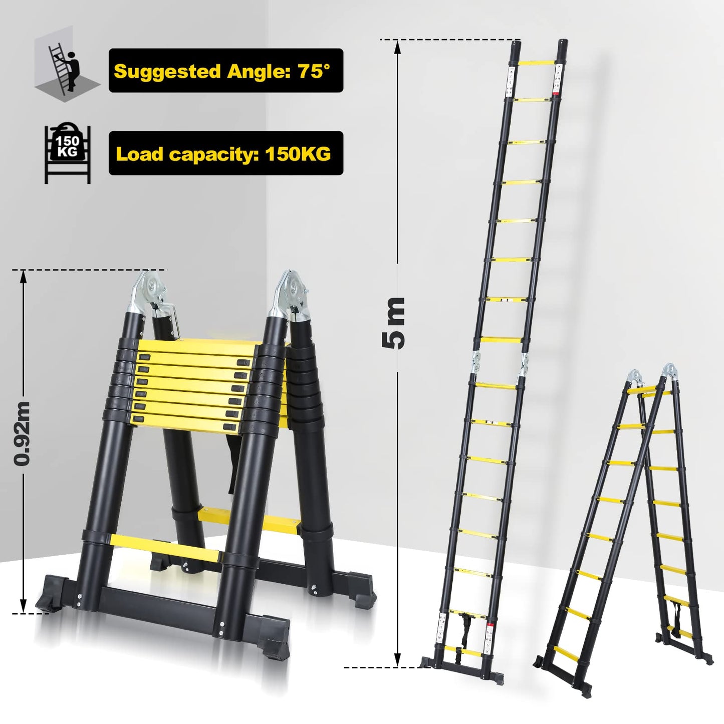Ansobea Telescopic Ladder 5m Multipurpose Extendable Aluminum Ladder Maximum load capacity of 150kg Home DIY Folding Ladder, Yellow