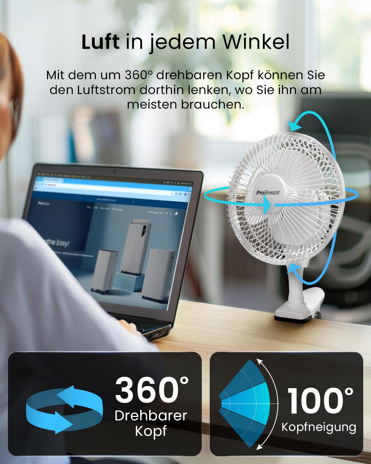 Pro Breeze Mini Fan with Clip, 20 cm diameter, 2 speed settings, sturdy clip - quiet fan, ideal as a desk fan at the office, for a grow tent, at home in the bedroom