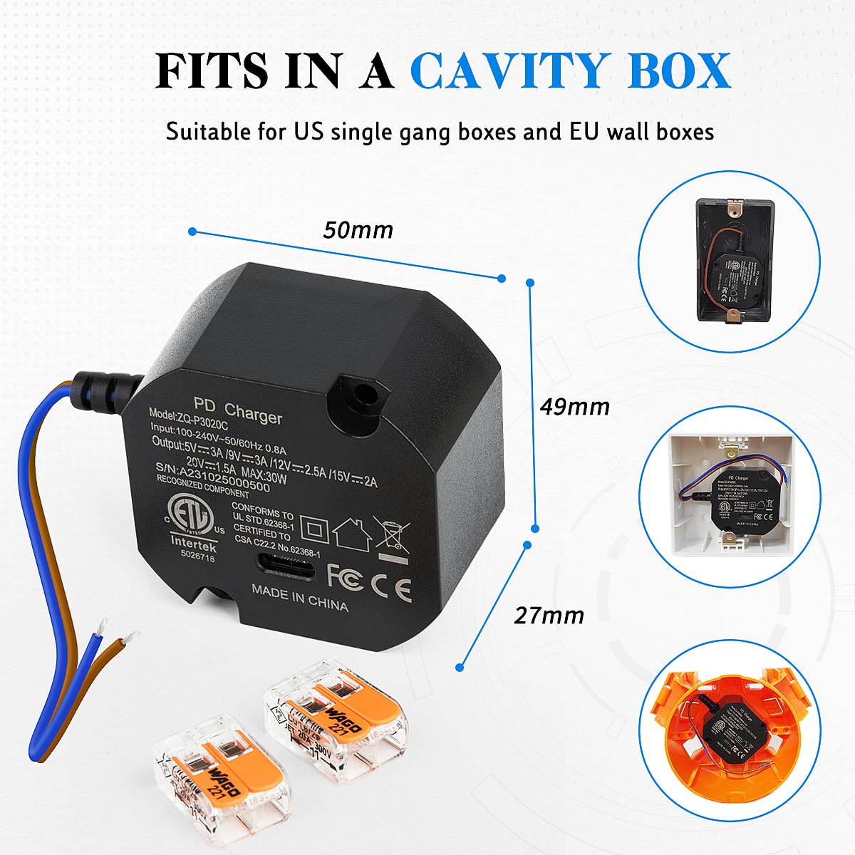 30W USB Type C Power specifically designed for USB C tablets like iPad - fits 86x86mm junction boxes in walls. PSE certified with auto-negotiation for 100~240V/AC 50Hz input, and 5V/3A 9V/3A 12V/2.5A 15V/2A 20V/1.5A output.