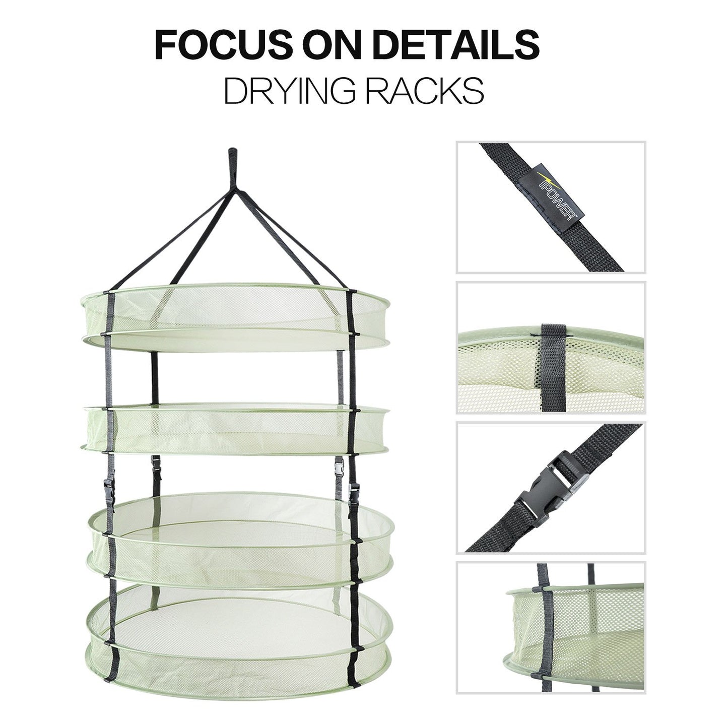 iPower Herb Drying Net, 4 layers, green mesh, with foldable heavy rings, collapsible, hydroponic plant buds, sturdy hanging net