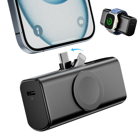 Eazpower Mini Powerbank 5,000mAh, with built-in foldable USB-C and Lightning connectors, compatible with all iPhone series, Samsung S22/23 series, Note20/10 series, Huawei, iPad, AirPods, and more - Black.