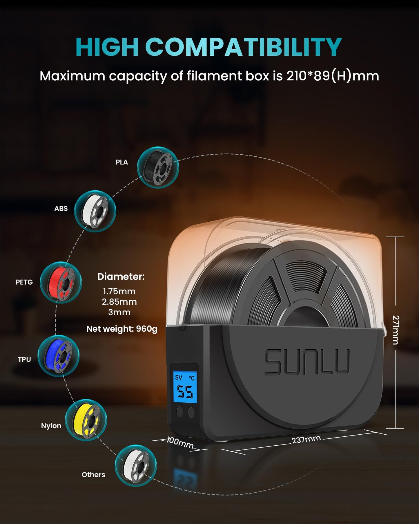SUNLU Official Filament Dryer S1 PLUS with Fan, Moisture-Free Dry Box for 3D Printer Filament, Easy-to-Use Portable, PLA PETG ABS TPU Filament Dry Box SUNLU S1+ (White)