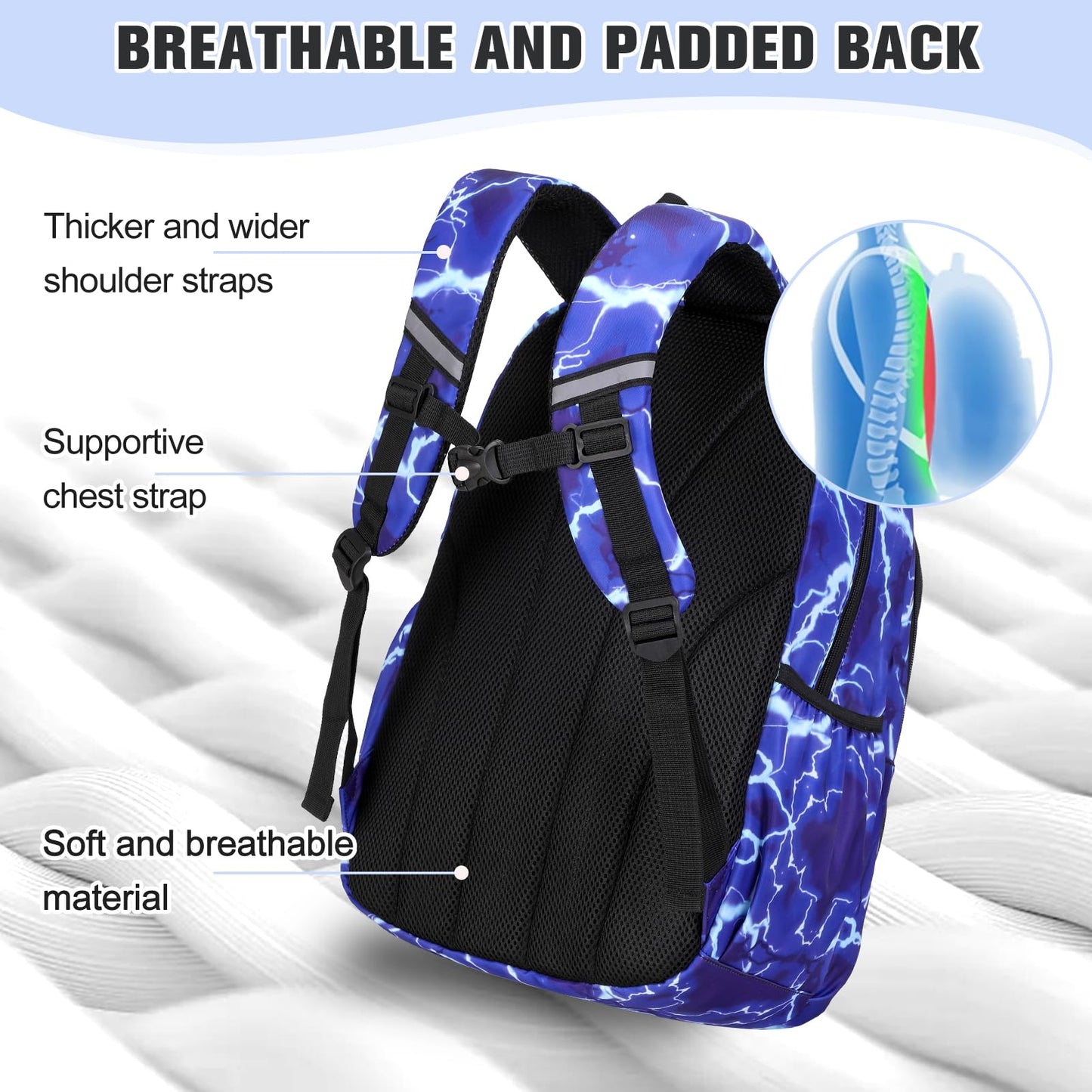 Bevalsa backpack for boys, flash school bag for children with lunch bag and pencil case, book bag for boys girls kids teens for elementary middle school Congratulations (Lightning strike)