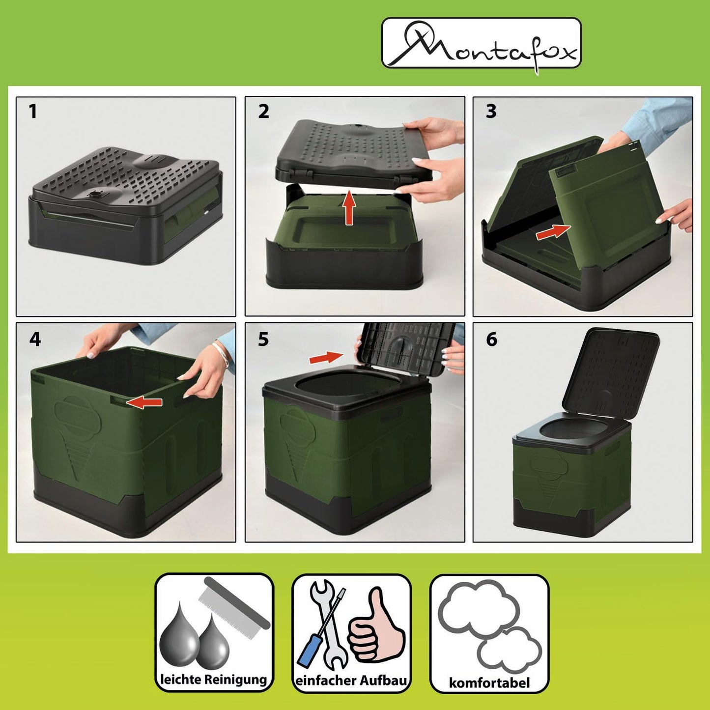 Montafox Foldable Camping Toilet up to 150kg Mobile WC Portable Compost Toilet with 12 Toilet Bags, Color: green/black