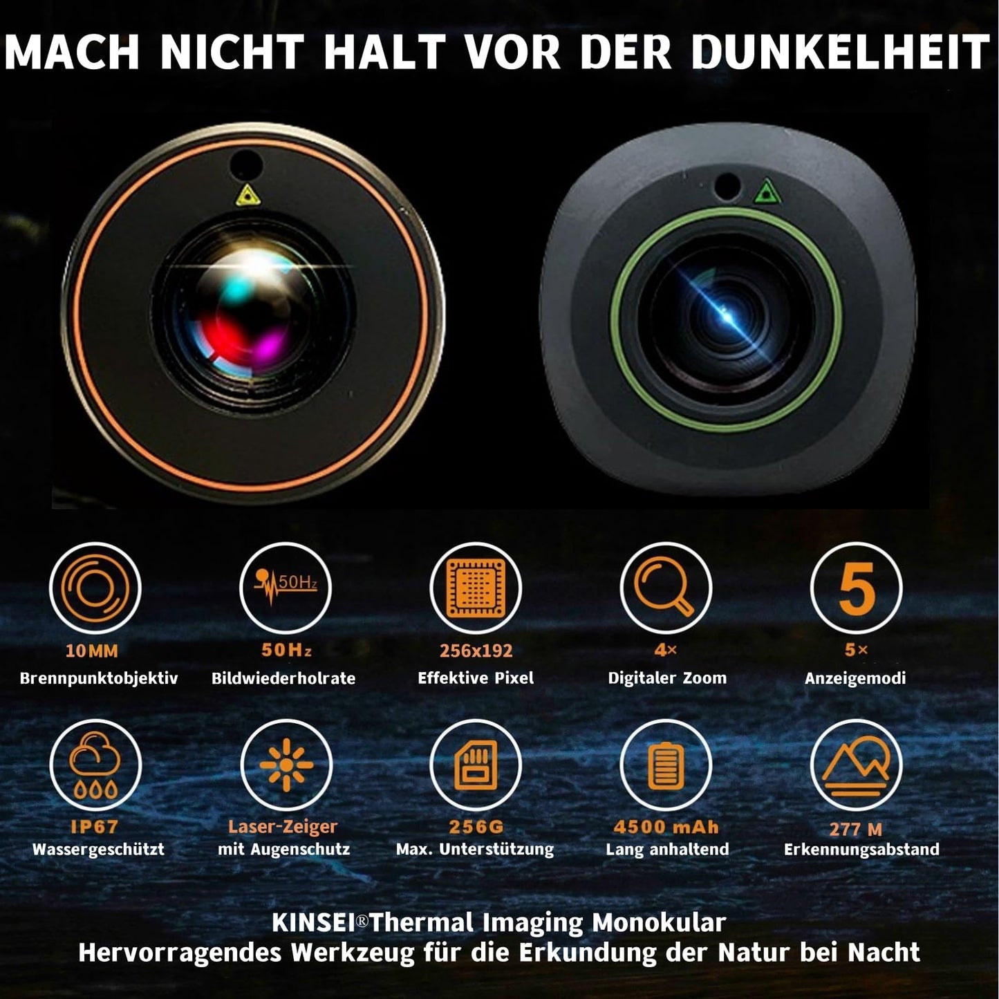 Thermal monocular, thermal camera, thermal monocular night vision telescope, 10mm focal length 256x192 (50 Hz) effective pixels, thermal goggles, optical sight, thermal hunting camera, gray...