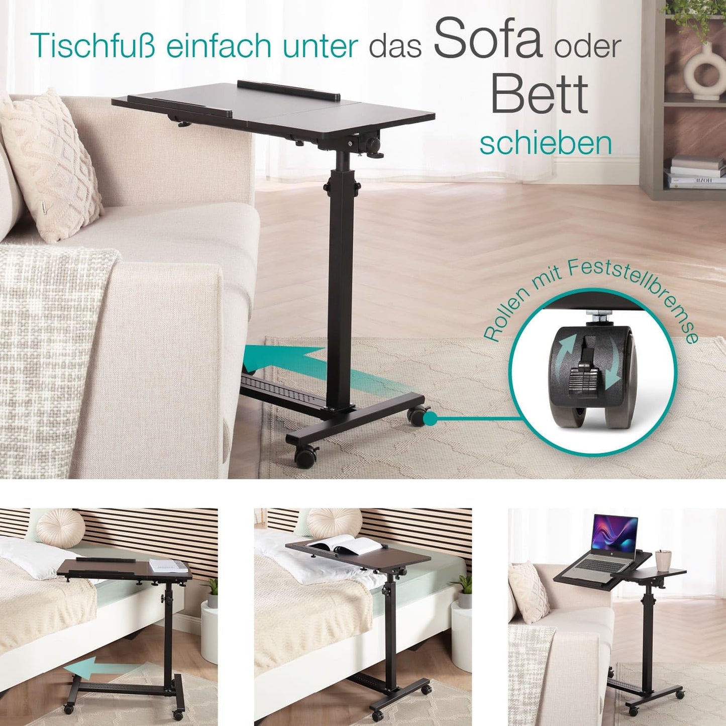 ELONEO maxVitalis mobile overbed table on wheels, standing table with adjustable height/width, tiltable/foldable tabletop, bedside table for hospital bed, nursing bed, laptop table (Black)