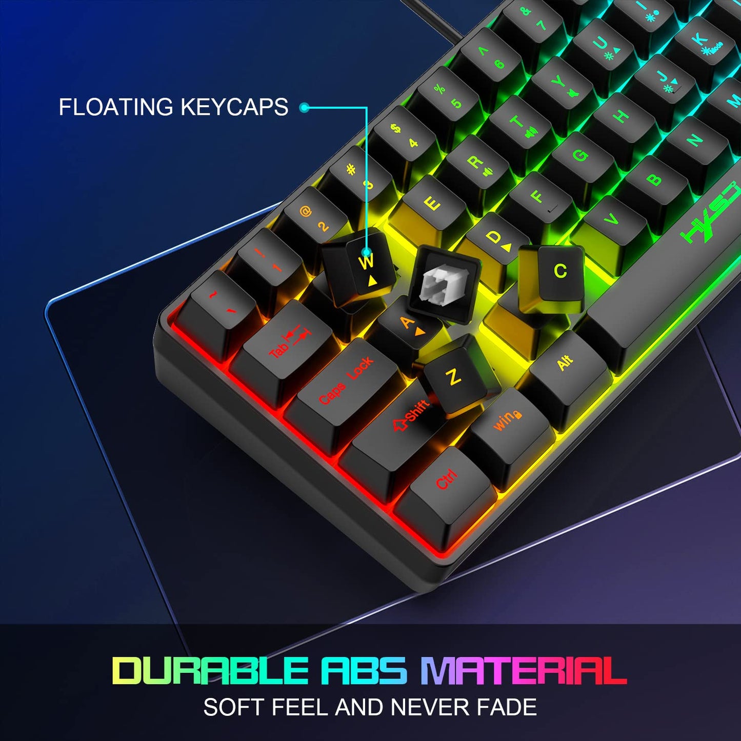 HXSJ V700 Gaming Keyboard and Mouse Set, 60% Compact Keyboard, 61 keys, TKL Layout, RGB Lighting, Optical Gaming Sensor Mouse with 7 buttons, 7-color LED light, Up to 3600 DPI, for PC, Mac-Black