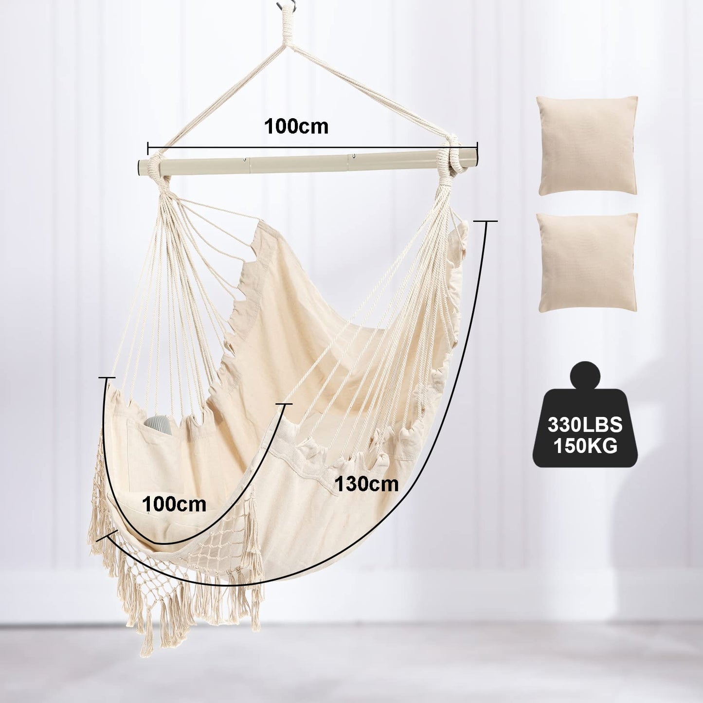 Hanging chair for outdoor, hanging chair for indoor with 2 pillows, hanging chair without stand up to 150 kg, swing chair for adults, hanging seat for indoor, outdoor, bedroom, and garden.