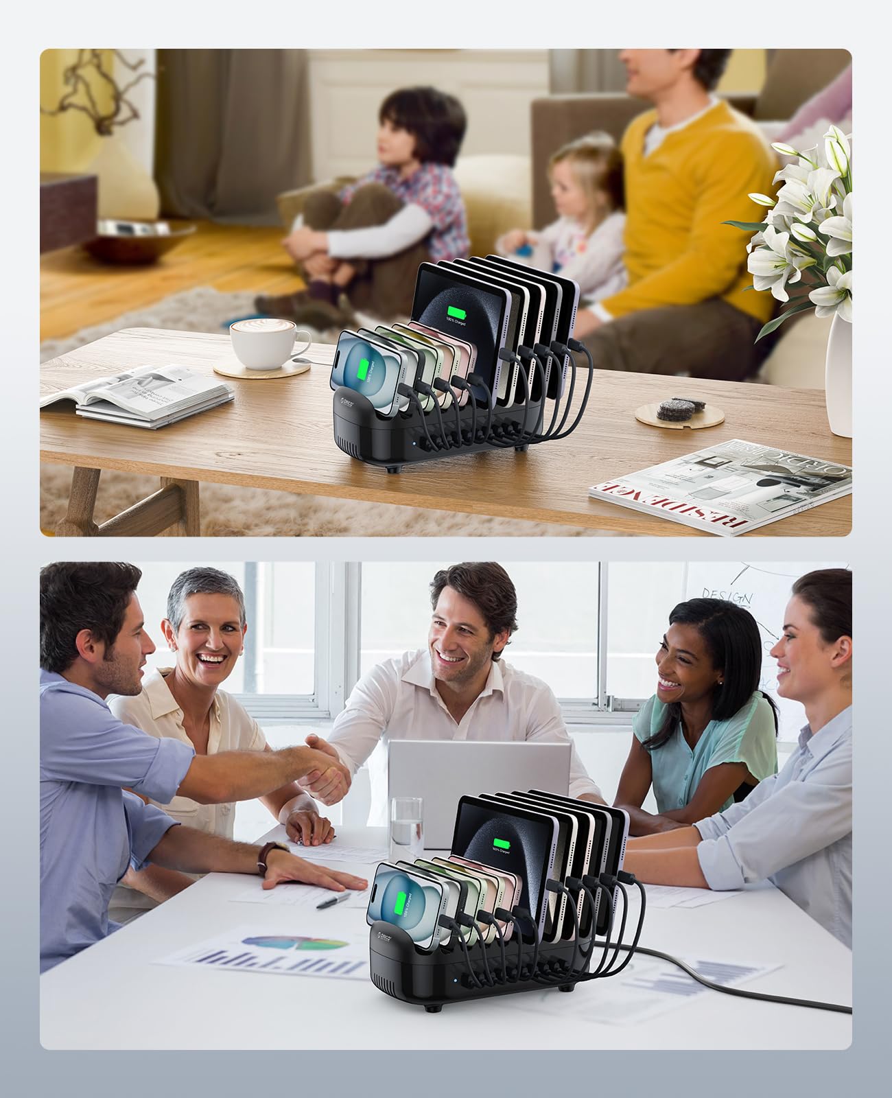 ORICO 120W charging station for multiple devices, 10 USB smart ports Automatic temperature control system, Multi USB charging station compatible with iPad, tablet, and mobile phone (Includes 10 black charging cables)