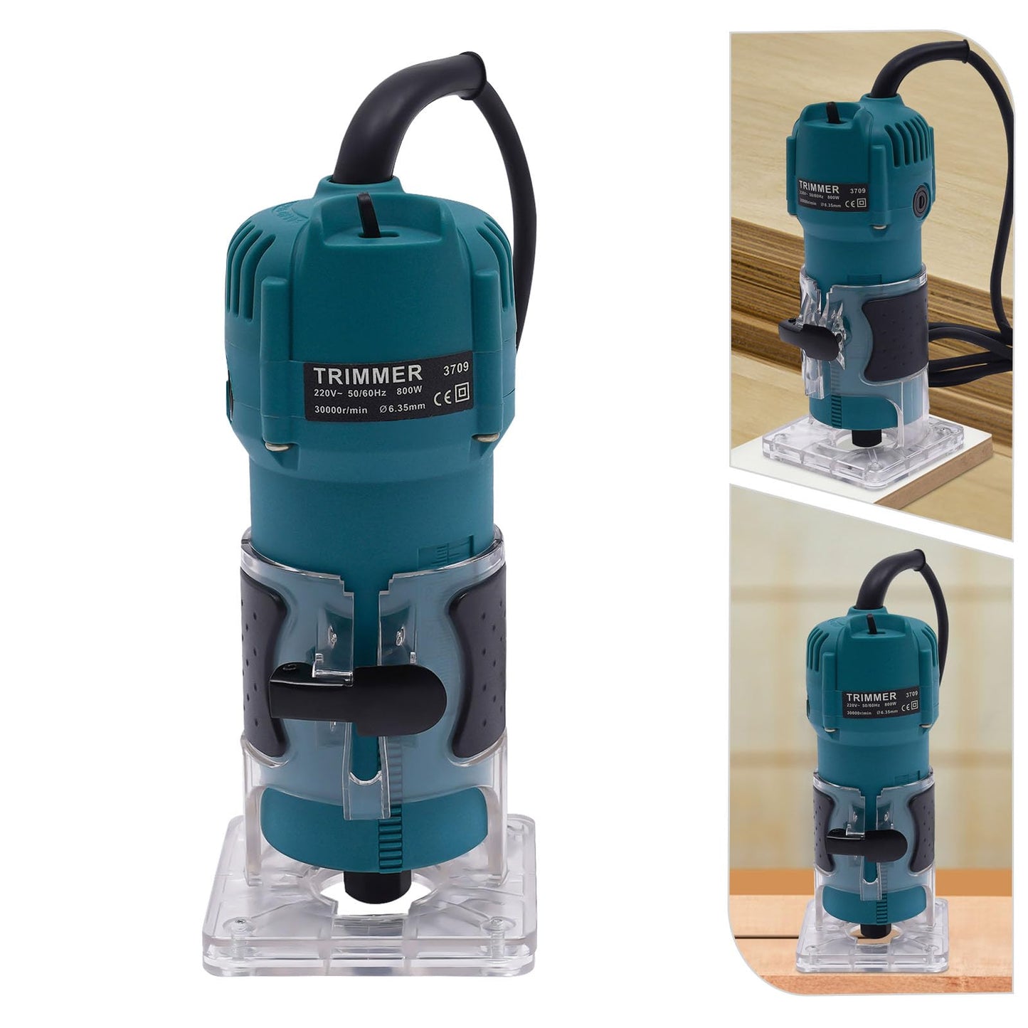 800W trim router, 6.35mm edge trimming router with 15 different router collets for grooving, trimming, carving, milling, chamfering, and cutting curves.