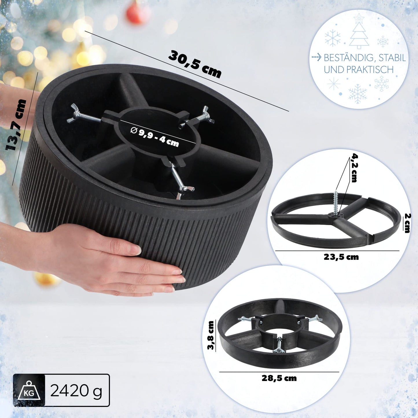 KADAX Christmas tree stand made of recycled plastic, for real trees up to 150cm tall. Graphite color.