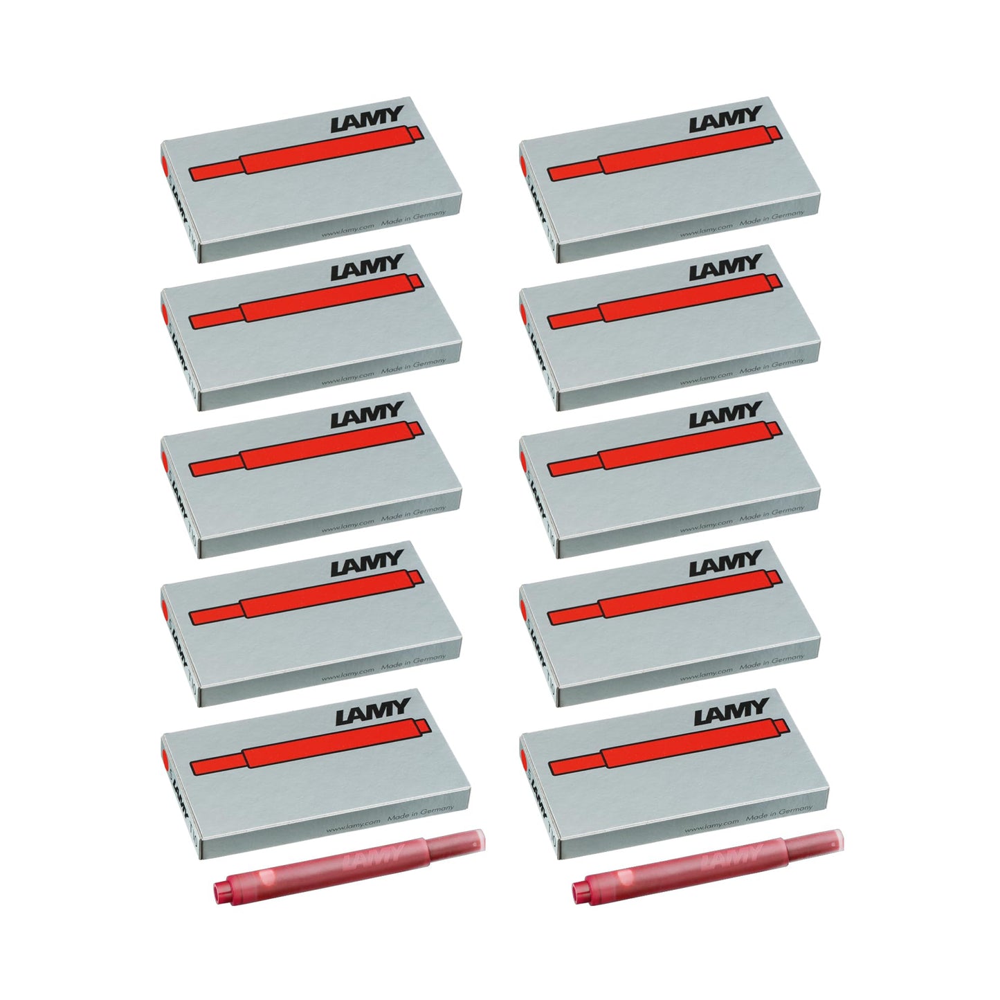 LAMY T10 10-pack ink cartridges with high ink capacity - suitable for all Lamy cartridge fountain pen models - contents 1.25ml per cartridge - 5 pieces per pack - ink color red