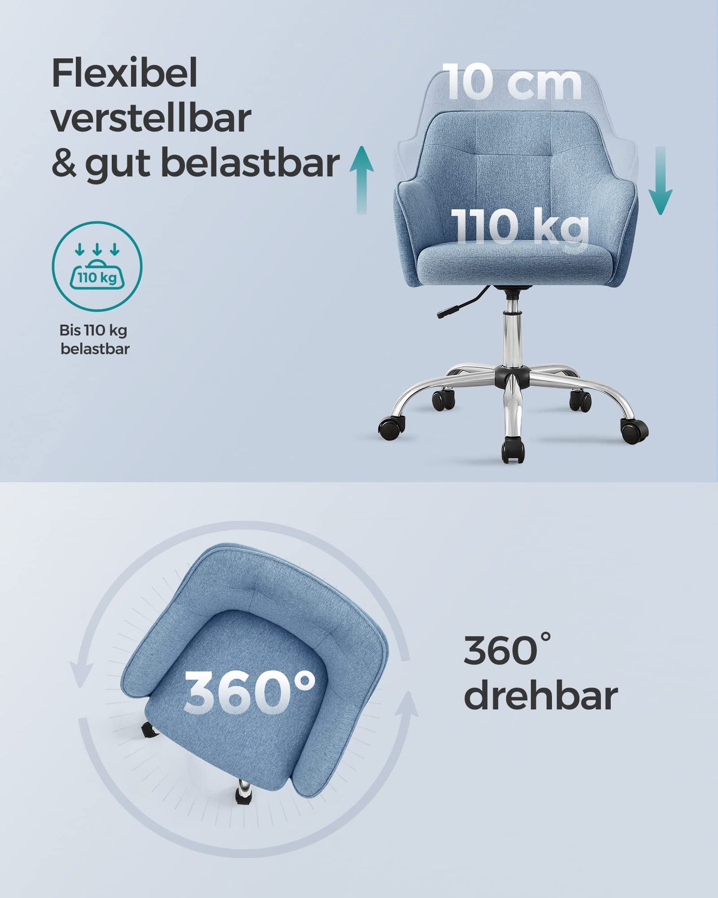 SONGMICS home office chair, swivel chair, desk chair, height adjustable, weight capacity up to 110 kg, breathable fabric, for study room, bedroom, blue OBG019Q01