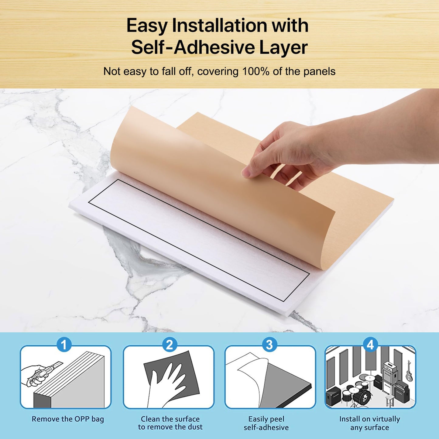 Acoustic Panels Self-Adhesive Felt, 12 Pieces Wall, Ceiling, Door Sound Absorber for Studio, Living Room, Kids Room, TV, Office, Bedroom, Acoustic Panels White, 30 x 30 x 0.9cm, 1.08㎡