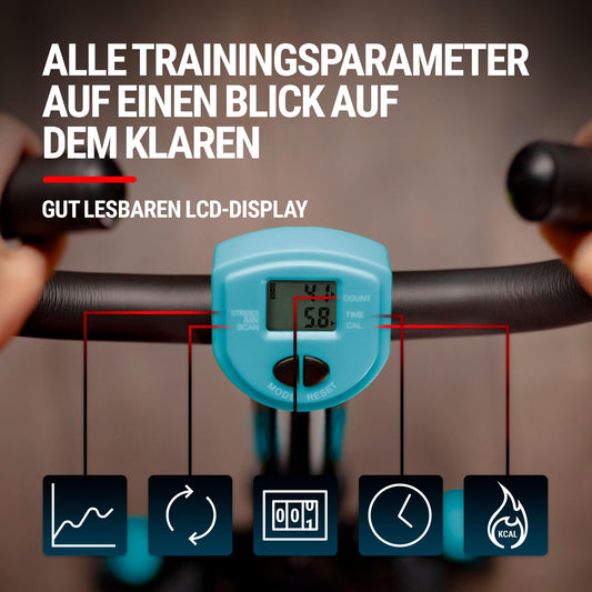 Hop-Sport stepper noble blue with handlebar, training computer & expanders for home, stable & compact, ideal for fitness & cardio workouts, max. user weight 100 kg.