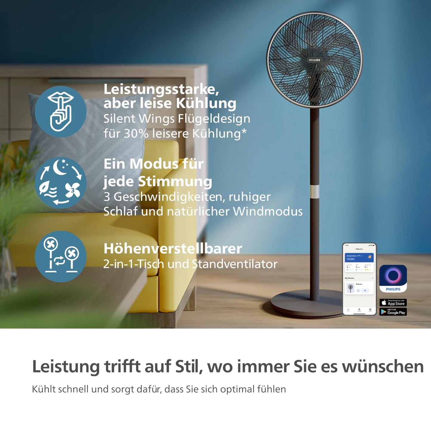 PHILIPS Smart Stand Fan Series 3000. Powerful & extremely quiet SilentWings technology. 19 dB. 2-in-1 table & stand fan. Adjustable tilt & oscillation. App control. 12-hour timer. Black (CX3550/01)
