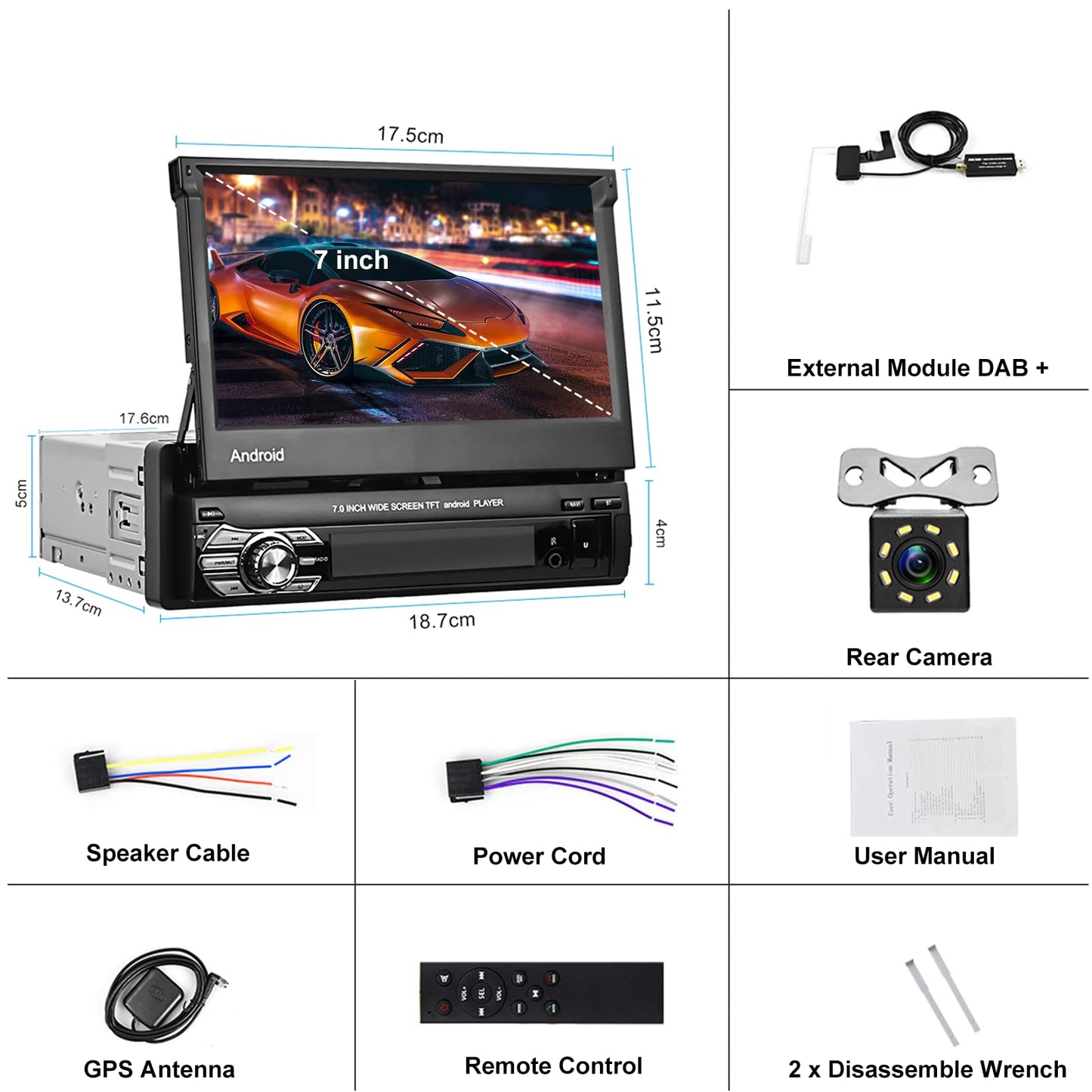 CAMECHO DAB+ Android car stereo 1 Din with navigation, 7 inch retractable screen with Bluetooth hands-free calling Mirror-Link AUX-in FM USB+backup camera & microphone