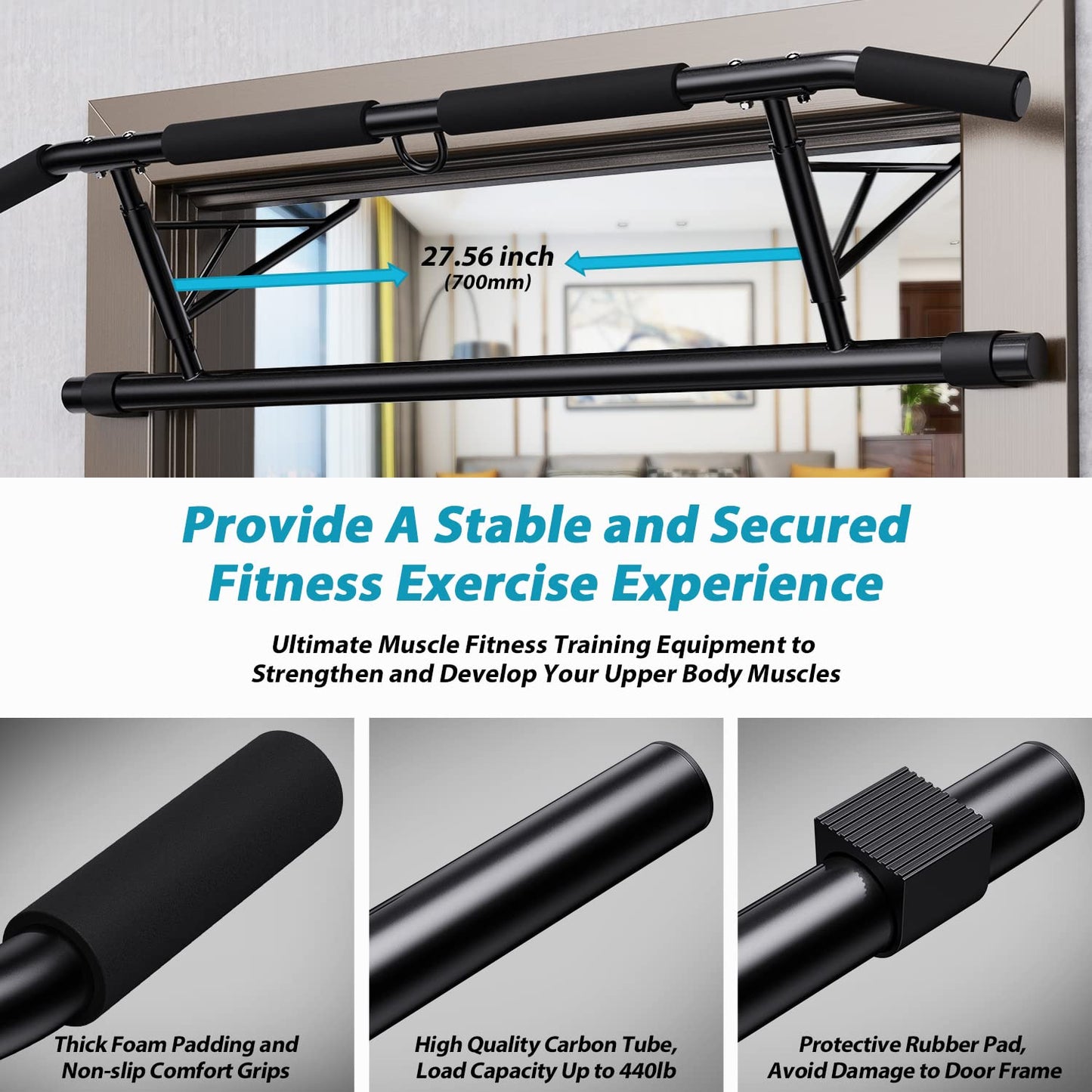 JX FITNESS Door Frame Pull Up Bar with Non-Slip Grips is a foldable training device for home gym, no screws/drilling required.