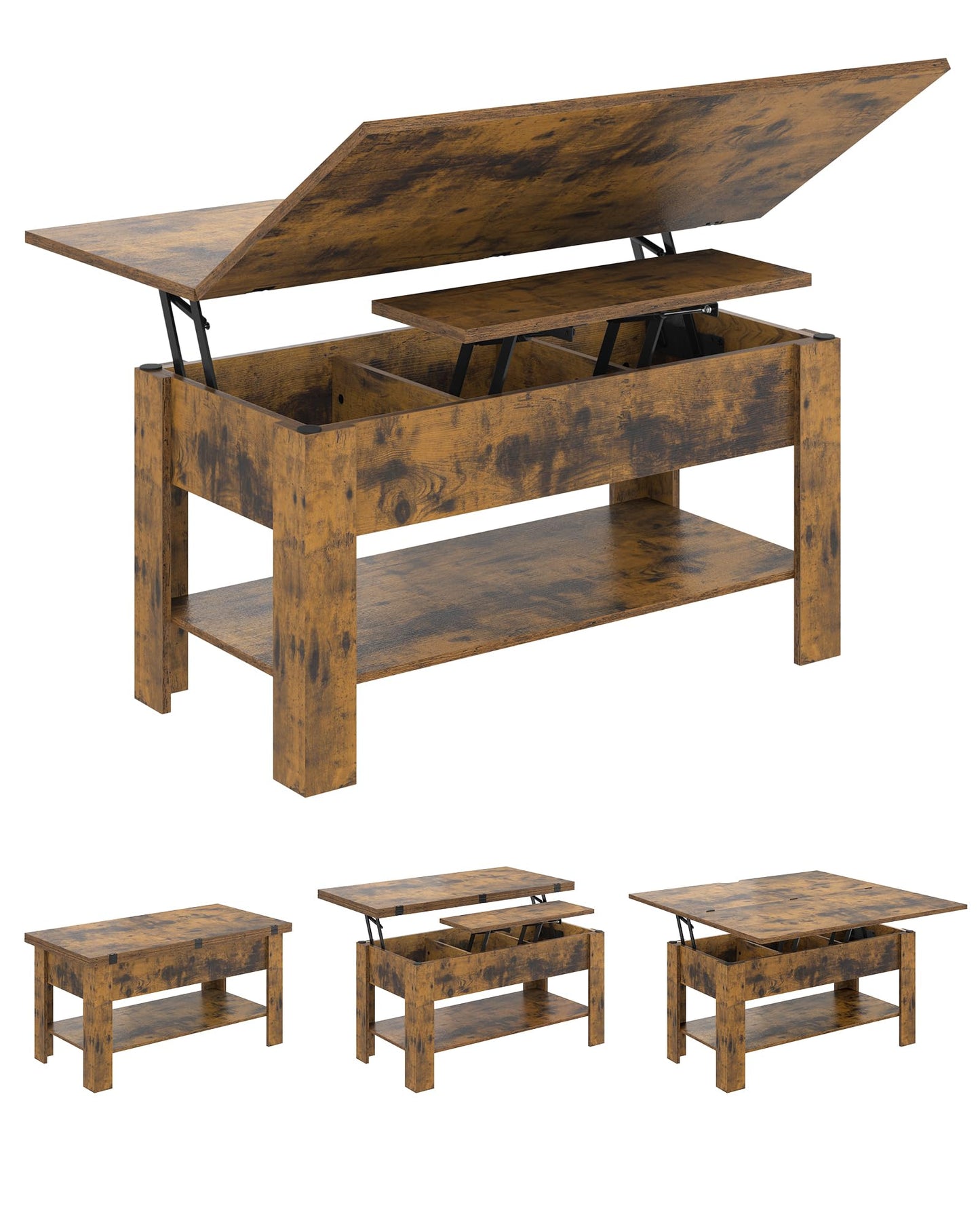 Height-adjustable coffee table, 3-in-1 multifunctional living room table with hidden storage, open shelf, and can be used as a dining table. Perfect for living room, office, in brown color.