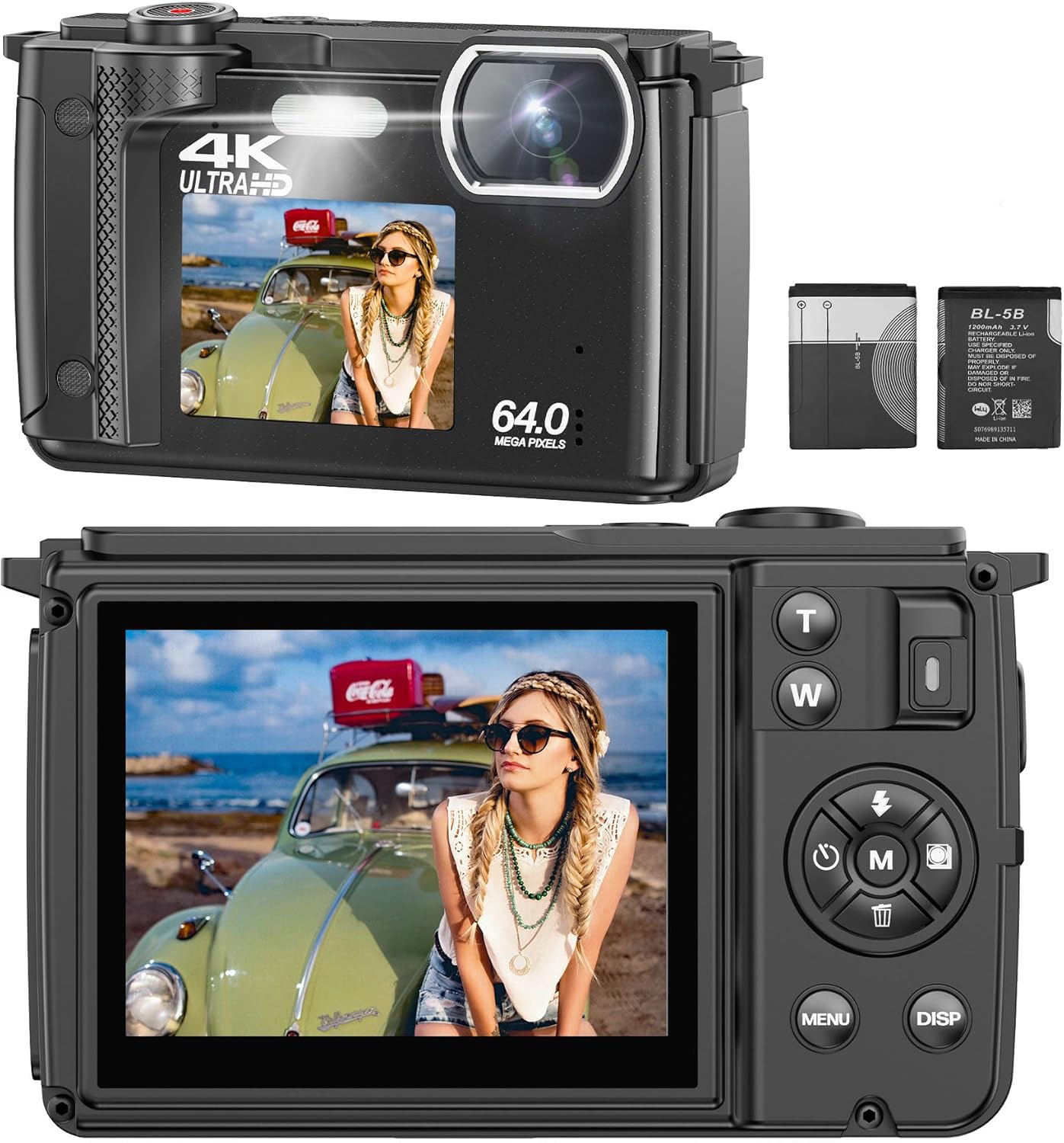 Digital camera, 4K 64MP photography camera, 18X Zoom vlogging camera for YouTube with WiFi, selfie dual screens, small compact camera with 32GB SD card, battery for adults, students, beginners.
