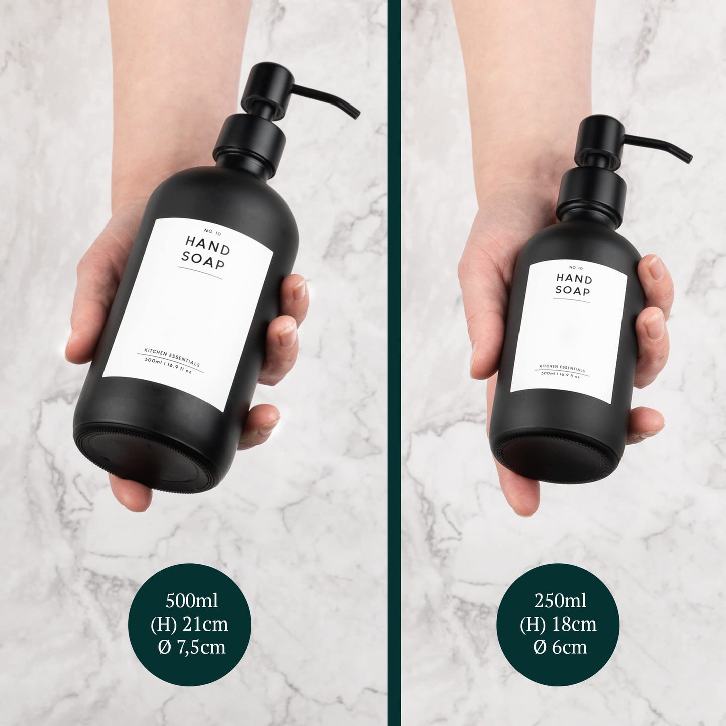 MONOKO 4-piece set soap dispenser matte black glass | 500ml shampoo bottles for filling | dish soap dispenser kitchen | dispenser pump head stainless steel | pump bottle + sticker