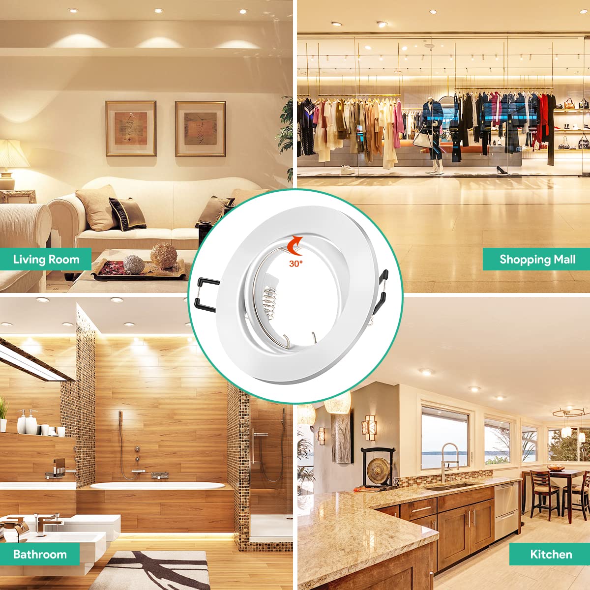 10x recessed spotlight GU10 set with white mounting frame for 230V spots, including GU10 socket, LED with 68mm hole diameter round, 30° tiltable integrated spotlight frame for LED or halogen bulbs.