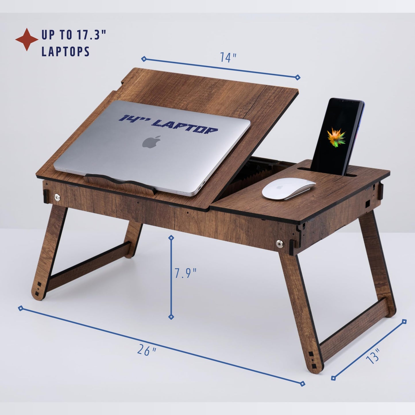 Vigo Wood Laptop Table, wooden laptop stand for bed, adjustable laptop desk and knee tray with built-in storage space, ergonomic design for reading, working