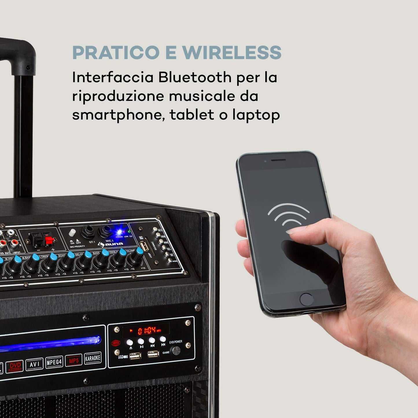 auna Pro DisGo Box DVD - Mobile PA system with built-in DVD player, 300 W max., 2 x 10 (25.5 cm) subwoofers, Bluetooth, USB, SD slot, wireless UHF microphone, battery, remote control, black.